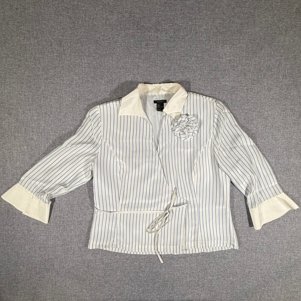 VTG Silkland Wrap Blouse Womens L White Blue Striped Silk Rosette Office Siren